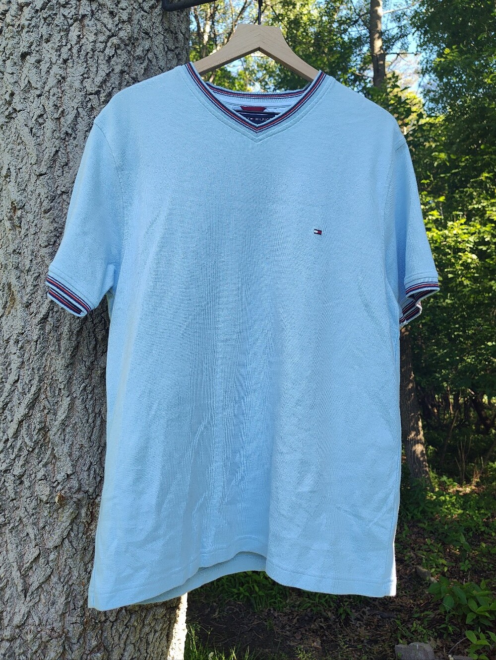 Tommy Hilfiger L Men's V-Neck Varsity Light Blue Short Sleeve Stripe Trim Cotton